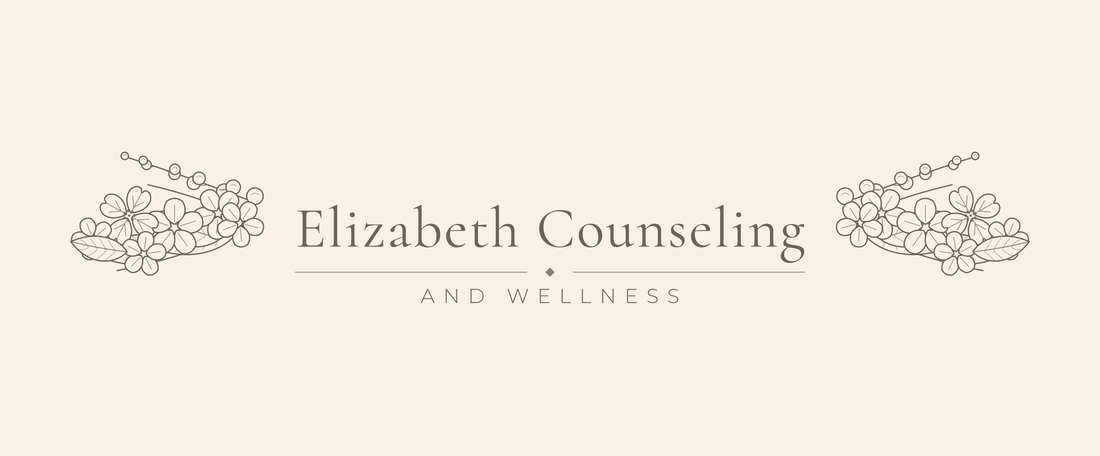 Elizabeth Counseling and Wellness — hand-drawn practice name flanked by blossom clusters