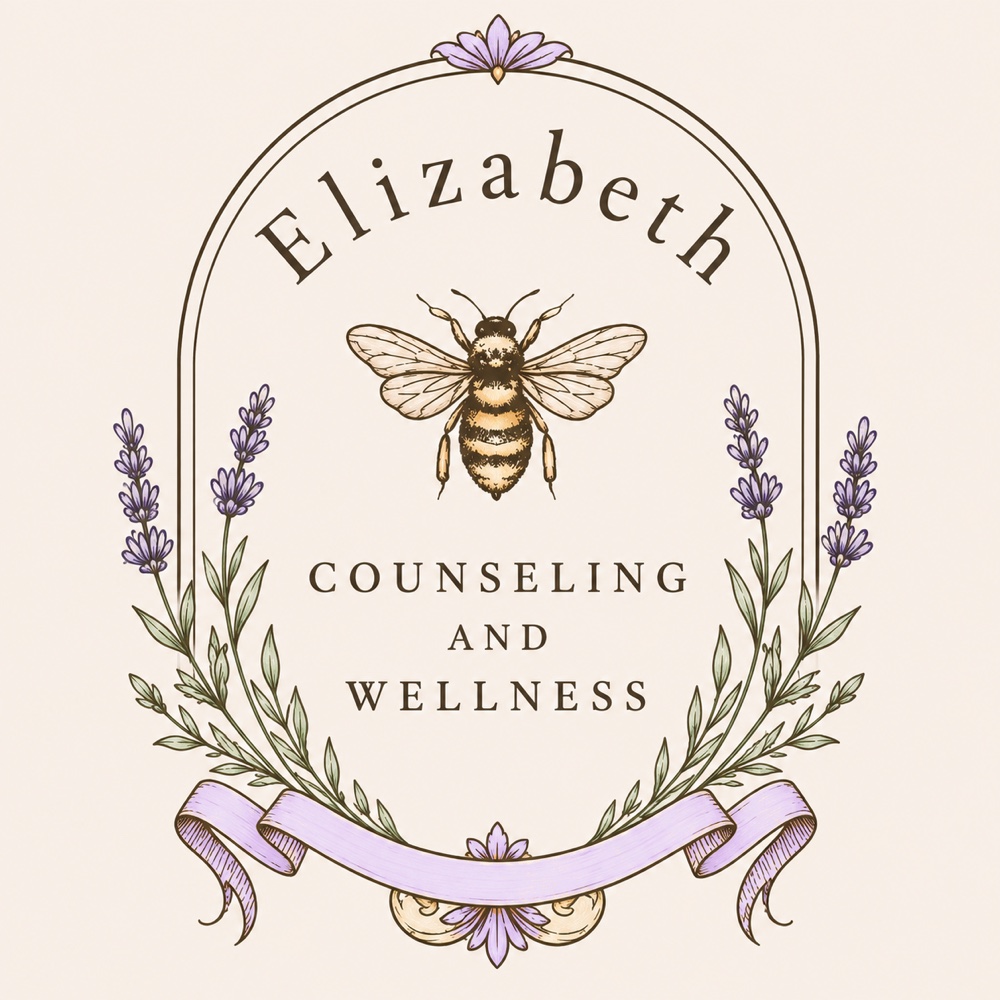 Elizabeth Counseling and Wellness crest: a hand-drawn golden bee inside an arch of lavender sprigs with a soft lavender ribbon, with the practice name